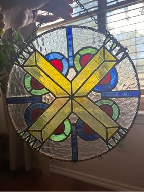 Round Stained Glass Window Panel in Yellow, Blue, Red, and Green